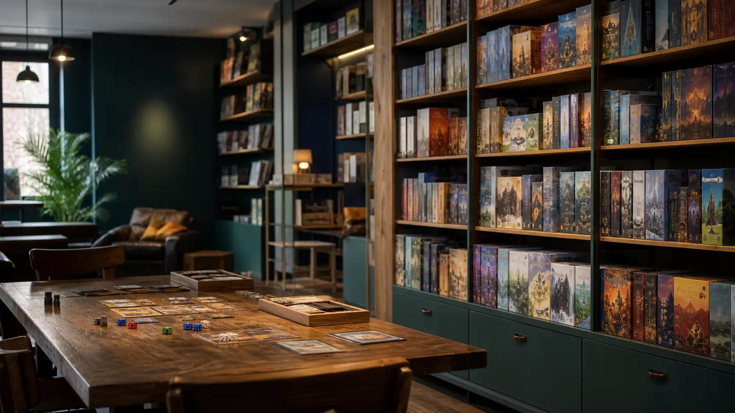 Bordspelwinkel met spellenrekken en speeltafel